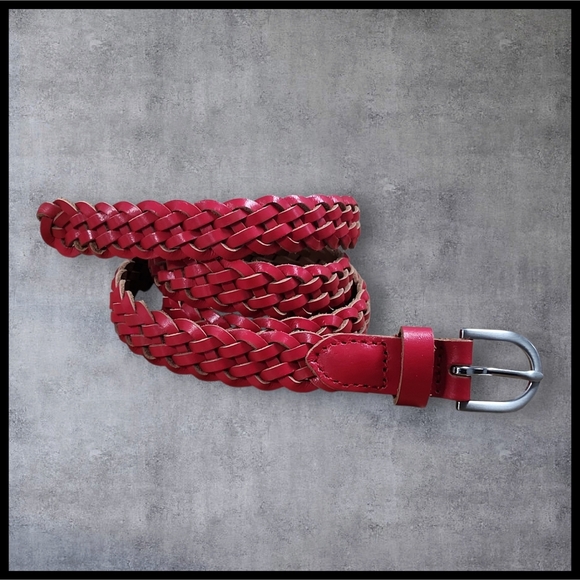 J. Crew Genuine Leather Braided Weave Belt Adjustable Buckle Medium Large Red - Picture 6 of 6